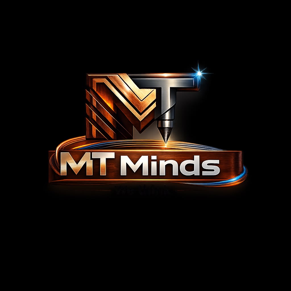 MT Minds logo — a copper wood M interlocked with a machined steel T ending in a spindle tip