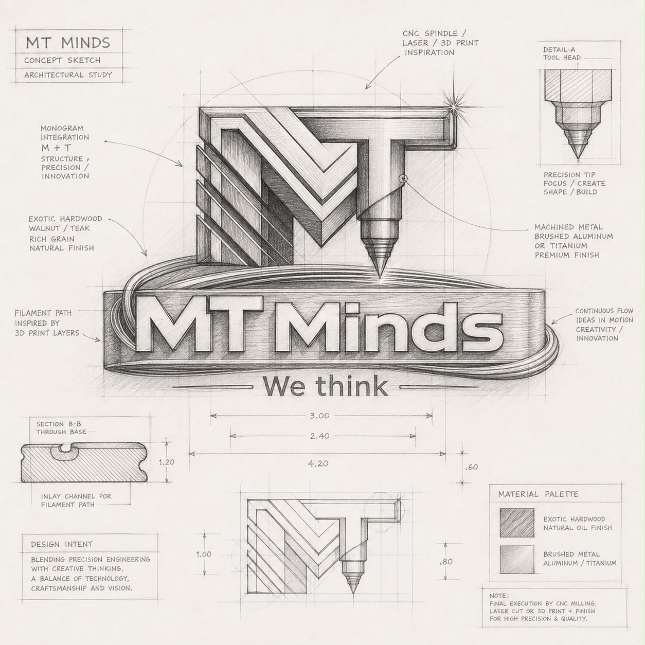 Architectural concept sketch of the MT Minds logo with dimensions, material palette and design intent notes